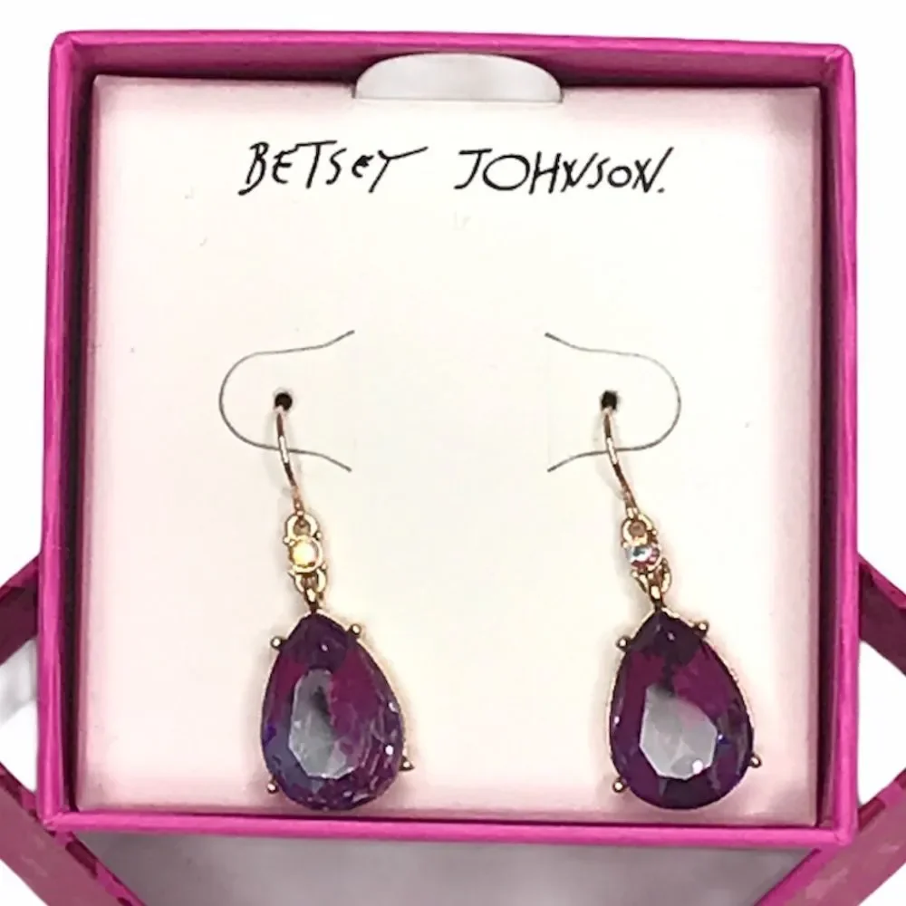 Betsey Johnson Tear Drop Stone Drop Earring Purple Gold Tone - Picture 2 of 5